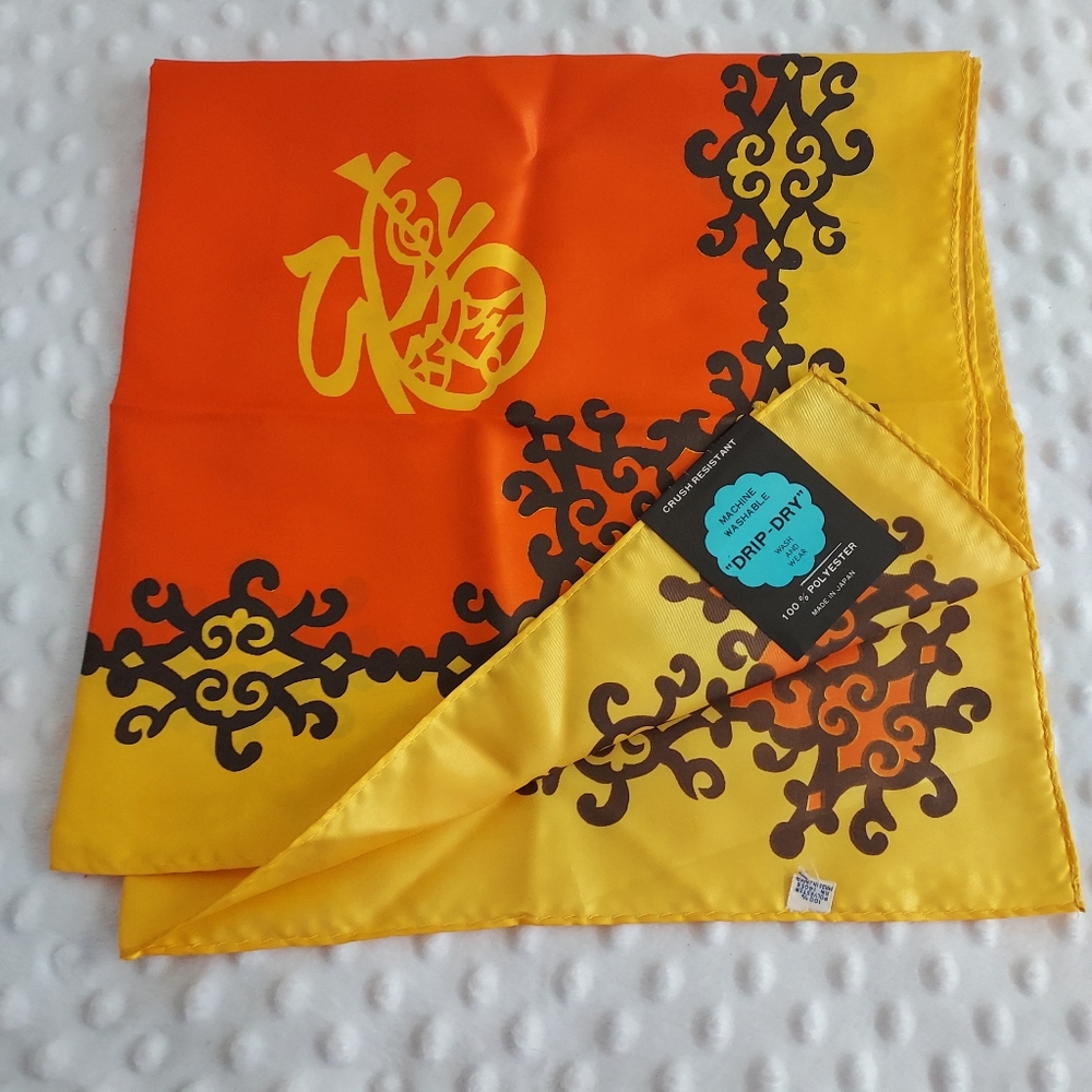 Vintage Mid Century Orange Scarf Yellow Drip Dry NWT Blemish Made In Japan Wrap